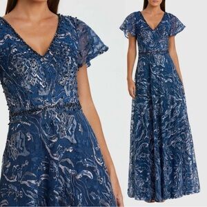 Mac Duggal Navy Embellished Illusion Butterfly Sleeve A-Line Gown